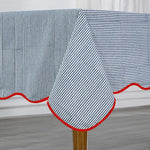Blue Stripes with Red Piping Table Cloth, Scallop table cover, Indian Hand Block Printed Cotton Tablecloth for Farmhouse Wedding Home Decor