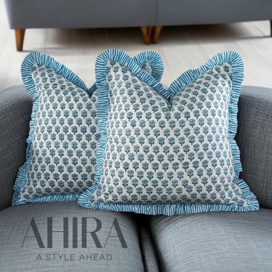 FabicSG Apatite Blue Cotton Block Print Ruffle Throw Bed Pillow Covers for Couch, Decorative Couch Pillows for Living Room, Boho Floral Sham