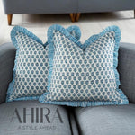 FabicSG Apatite Blue Cotton Block Print Ruffle Throw Bed Pillow Covers for Couch, Decorative Couch Pillows for Living Room, Boho Floral Sham