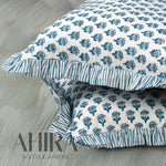FabicSG Apatite Blue Cotton Block Print Ruffle Throw Bed Pillow Covers for Couch, Decorative Couch Pillows for Living Room, Boho Floral Sham