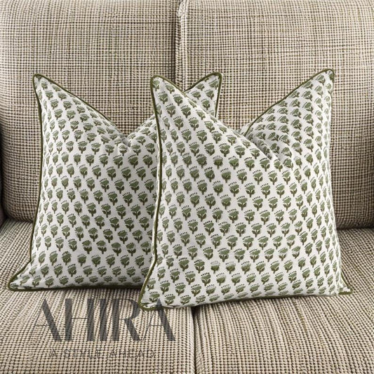 Indian Hand Block Printed Cotton Throw Pillow Cover for Farmhouse, Preppy, Boho, Home Décor, Floral, Decorative Couch Pillow- Emerald Green