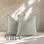 Indian Hand Block Printed Cotton Throw Pillow Cover for Farmhouse, Preppy, Boho, Home Décor, Floral, Decorative Couch Pillow- Emerald Green