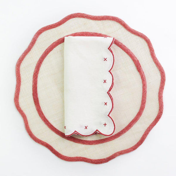 Scalloped Knot Red Embroidered Linen Napkin, Wedding napkins for table decor 20''x20'' size set of 4 embroidered napkins