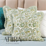 Agate Green Cotton Block Print Ruffle Throw Bed Pillow Covers for Couch, Decorative Couch Pillows for Living Room, Boho Floral Sham