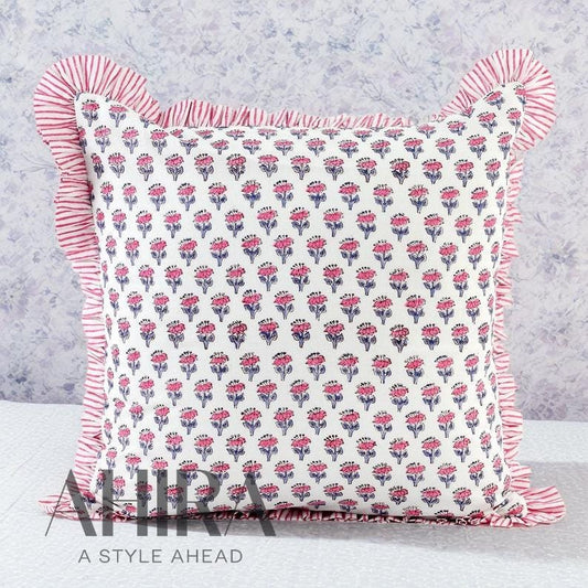 Pink Sapphire Cotton Block Print Ruffle Throw Bed Pillow Covers for Couch, Decorative Couch Pillows for Living Room, Boho Floral Sham