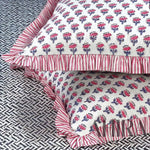 Pink Sapphire Cotton Block Print Ruffle Throw Bed Pillow Covers for Couch, Decorative Couch Pillows for Living Room, Boho Floral Sham