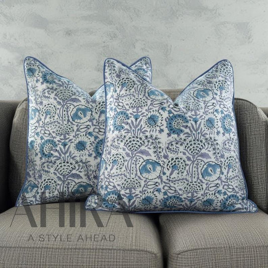 Indian Hand Block Printed Cotton Throw Pillow Cover for Farmhouse, Preppy, Boho, Home Décor, Floral, Decorative Couch Pillow- Aqua Blue