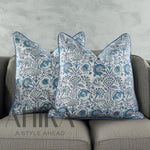 Indian Hand Block Printed Cotton Throw Pillow Cover for Farmhouse, Preppy, Boho, Home Décor, Floral, Decorative Couch Pillow- Aqua Blue