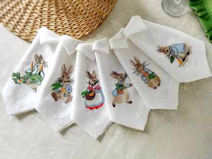 Easter Bunny Embroidered Linen Napkins, Set of 6, Cloth Napkins for Table Decor, Holiday Tableware, Easter Brunch Essentials, Hostess gift
