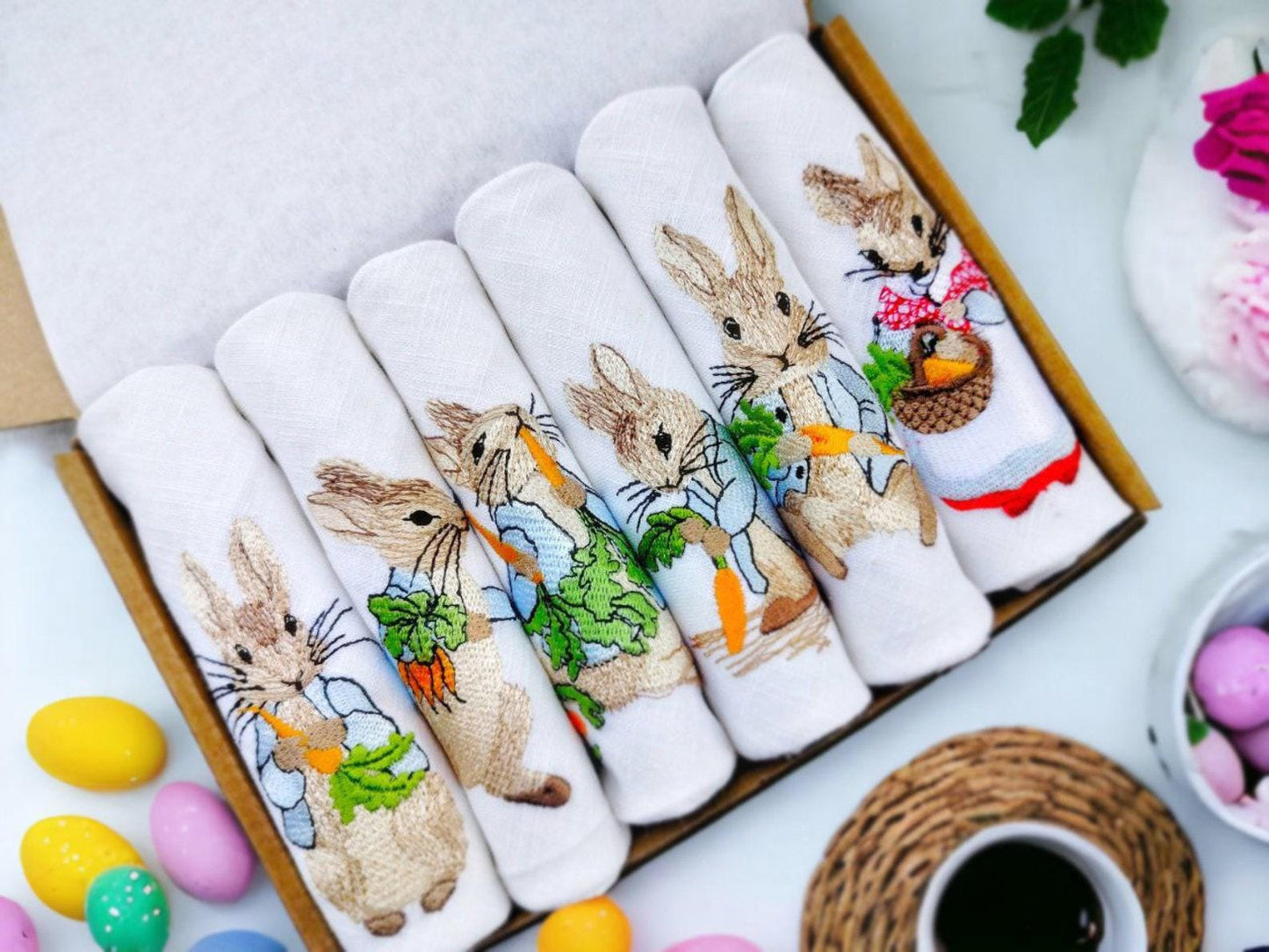 Easter Bunny Embroidered Linen Napkins, Set of 6, Cloth Napkins for Table Decor, Holiday Tableware, Easter Brunch Essentials, Hostess gift