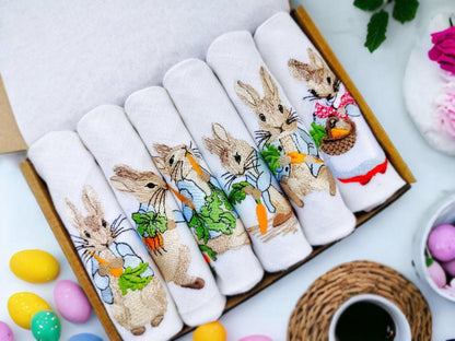 Easter Bunny Embroidered Linen Napkins, Set of 6, Cloth Napkins for Table Decor, Holiday Tableware, Easter Brunch Essentials, Hostess gift