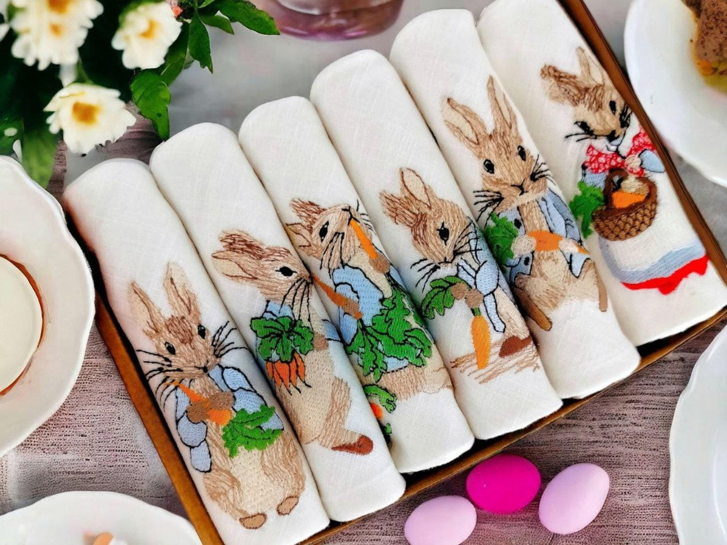 Easter Bunny Embroidered Linen Napkins, Set of 6, Cloth Napkins for Table Decor, Holiday Tableware, Easter Brunch Essentials, Hostess gift