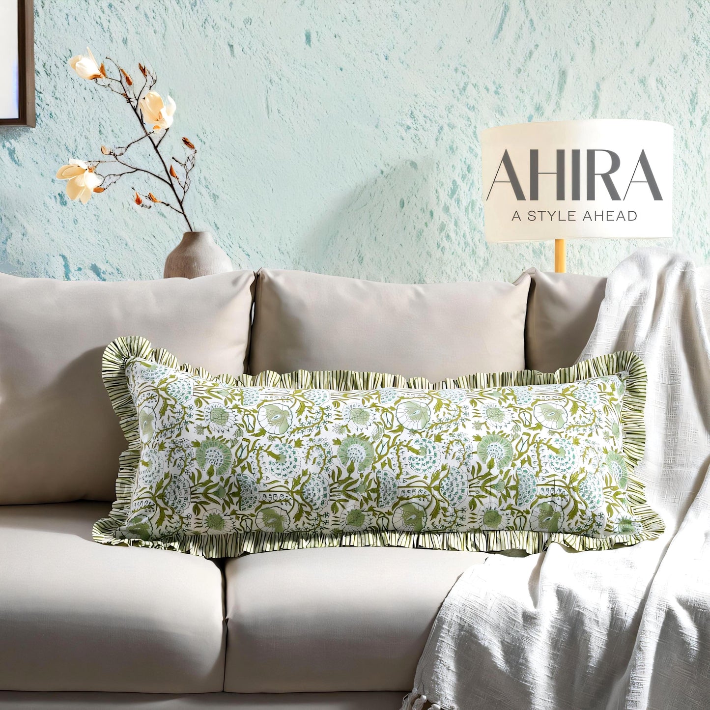 Cotton Block Print Ruffle Bed Pillow Sham Covers for Bed Decor, Couch Pillows, Grandmillennial Preppy Boho Floral Sham- Agate Green