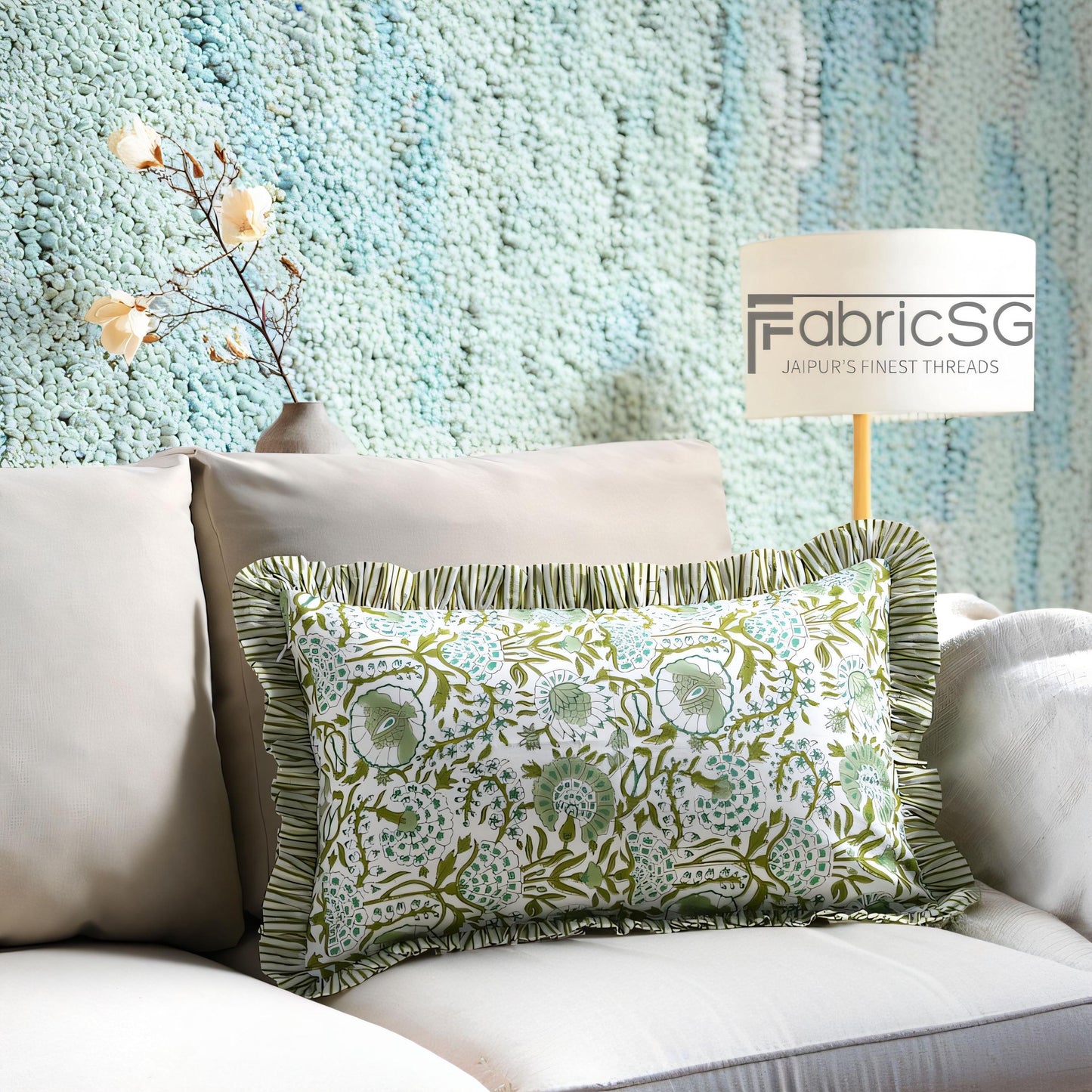 Cotton Block Print Ruffle Bed Pillow Sham Covers for Bed Decor, Couch Pillows, Grandmillennial Preppy Boho Floral Sham- Agate Green