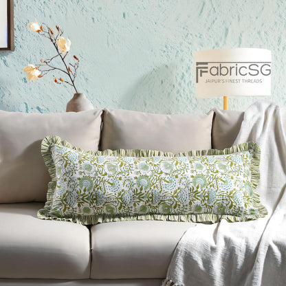 Cotton Block Print Ruffle Bed Pillow Sham Covers for Bed Decor, Couch Pillows, Grandmillennial Preppy Boho Floral Sham- Agate Green