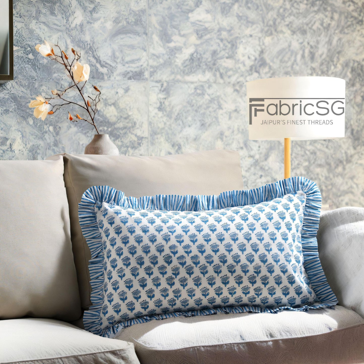 Cotton Block Print Ruffle Bed Pillow Sham Covers for Bed Decor, Couch Pillows, Grandmillennial Preppy Boho Floral Sham- Apatite Blue