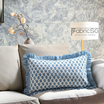 Cotton Block Print Ruffle Bed Pillow Sham Covers for Bed Decor, Couch Pillows, Grandmillennial Preppy Boho Floral Sham- Apatite Blue