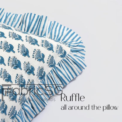 Cotton Block Print Ruffle Bed Pillow Sham Covers for Bed Decor, Couch Pillows, Grandmillennial Preppy Boho Floral Sham- Apatite Blue