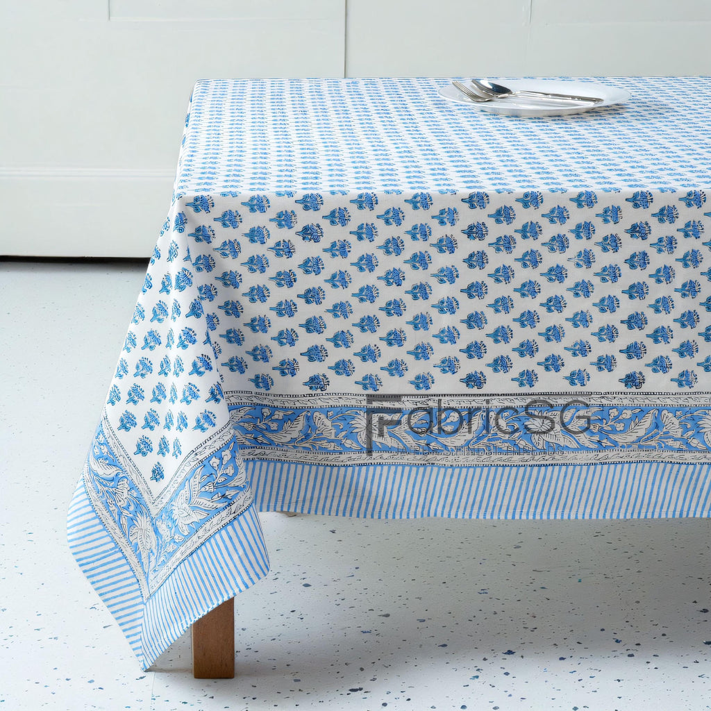 Cotton Indian Hand-Block Printed Tablecloth for Wedding Farmhouse Buffet Housewarming Picnic Boho Home Decor Floral- Apatite Blue