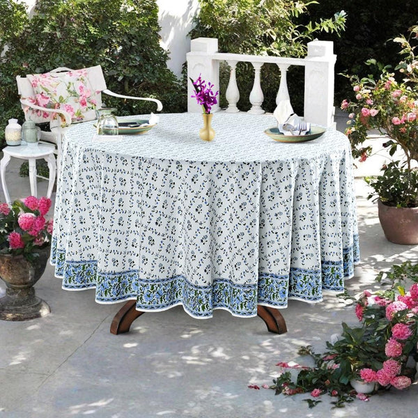 Round Tablecloth, Powder and Pigeon Blue, Green Indian Hand Block Floral Printed Table Cover, Vintage, French Tablecloth, Home and Living