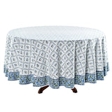 Round Tablecloth, Powder and Pigeon Blue, Green Indian Hand Block Floral Printed Table Cover, Vintage, French Tablecloth, Home and Living