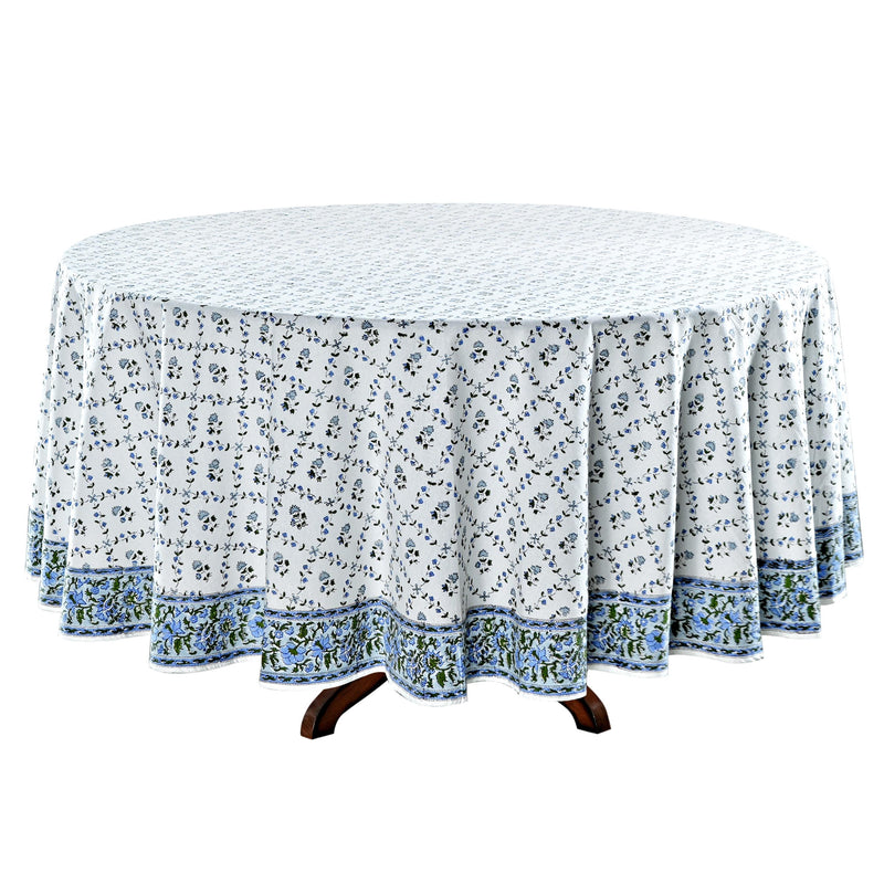 Round Tablecloth, Powder and Pigeon Blue, Green Indian Hand Block Floral Printed Table Cover, Vintage, French Tablecloth, Home and Living