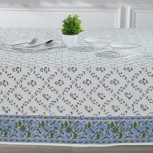 Tablecloth, Powder and Pigeon Blue, Green Indian Hand Block Floral Printed Cotton Table Cover, Table Top, French Tablecloth, Wedding, Home