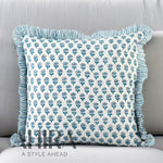 FabicSG Apatite Blue Cotton Block Print Ruffle Throw Bed Pillow Covers for Couch, Decorative Couch Pillows for Living Room, Boho Floral Sham
