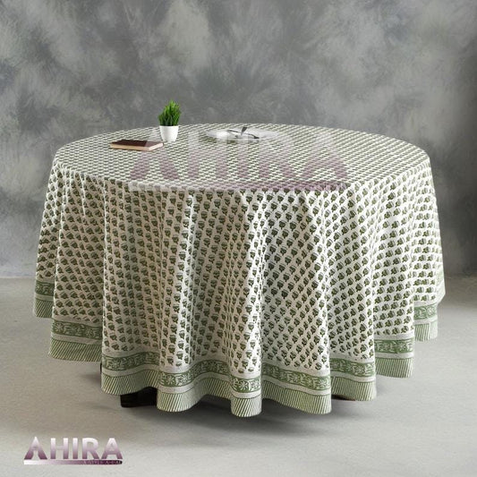 Emerald Green Handmade Cotton Block Print Round Tablecloth - Machine Washable Spring & Easter Gift