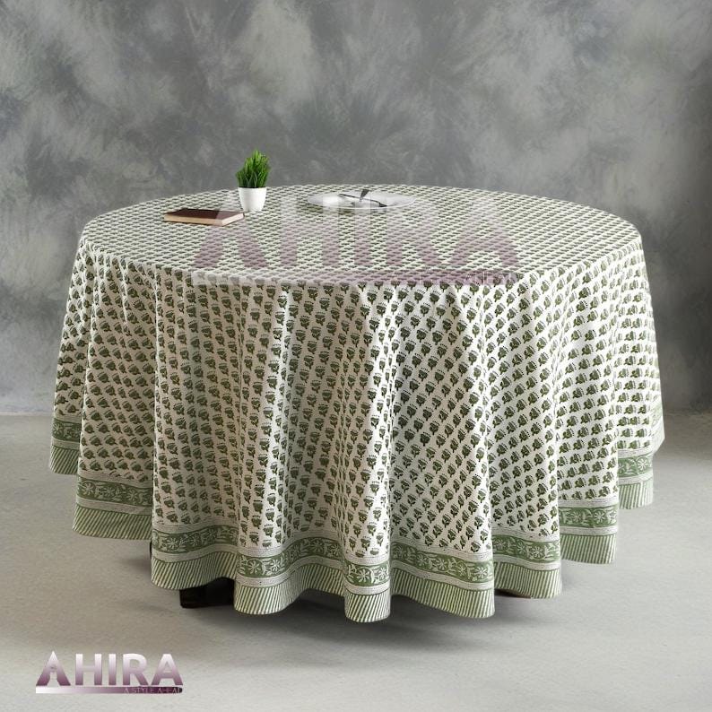 Emerald Green Handmade Cotton Block Print Round Tablecloth - Machine Washable Spring & Easter Gift