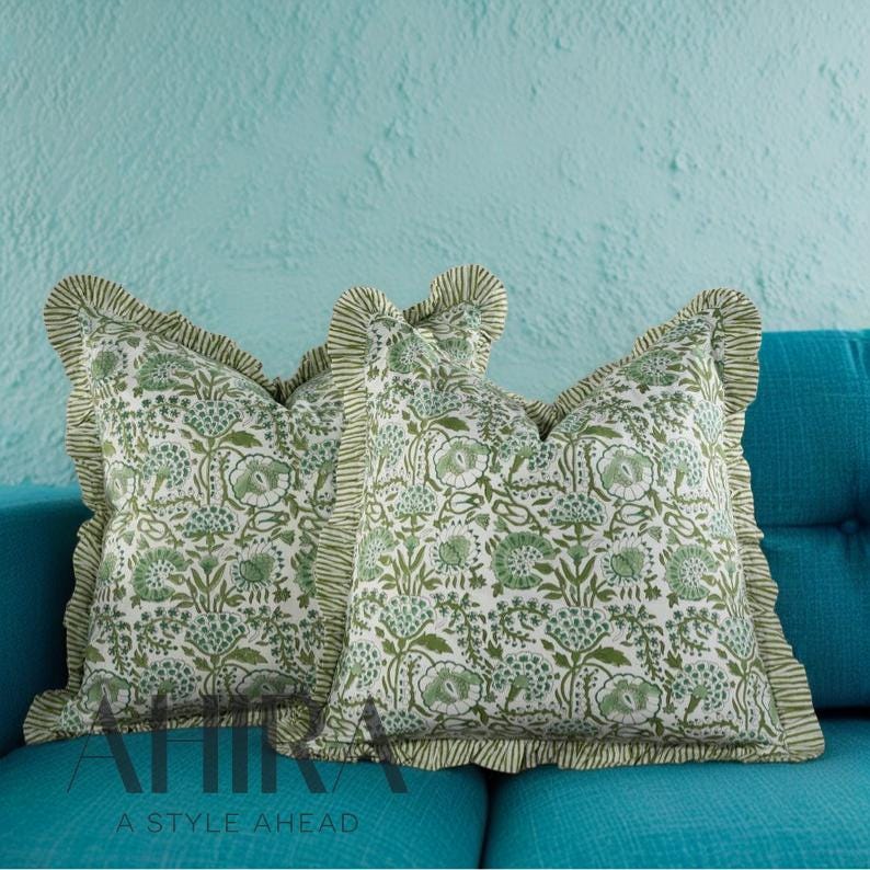 Agate Green Cotton Block Print Ruffle Throw Bed Pillow Covers for Couch, Decorative Couch Pillows for Living Room, Boho Floral Sham