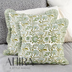 Agate Green Cotton Block Print Ruffle Throw Bed Pillow Covers for Couch, Decorative Couch Pillows for Living Room, Boho Floral Sham