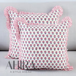 Pink Sapphire Cotton Block Print Ruffle Throw Bed Pillow Covers for Couch, Decorative Couch Pillows for Living Room, Boho Floral Sham