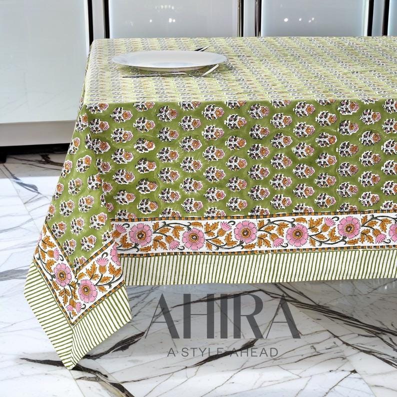 Cotton Indian Hand-Block Printed Tablecloth for Wedding Farmhouse Buffet Housewarming Picnic Boho Home Decor Floral- Jade Green
