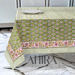 Cotton Indian Hand-Block Printed Tablecloth for Wedding Farmhouse Buffet Housewarming Picnic Boho Home Decor Floral- Jade Green