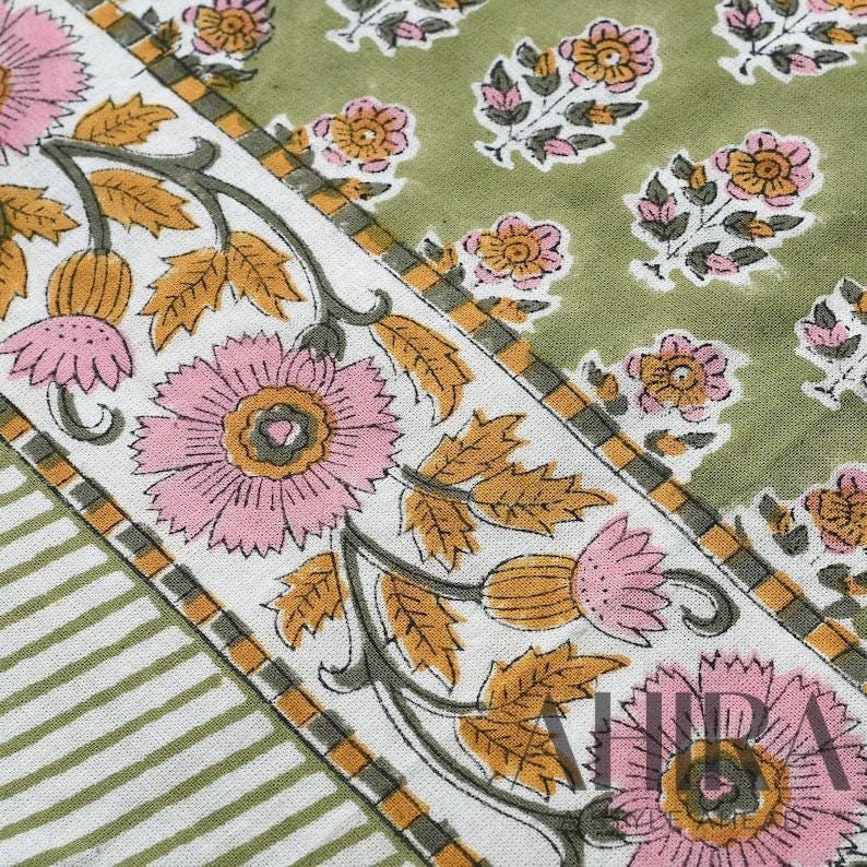 Cotton Indian Hand-Block Printed Tablecloth for Wedding Farmhouse Buffet Housewarming Picnic Boho Home Decor Floral- Jade Green