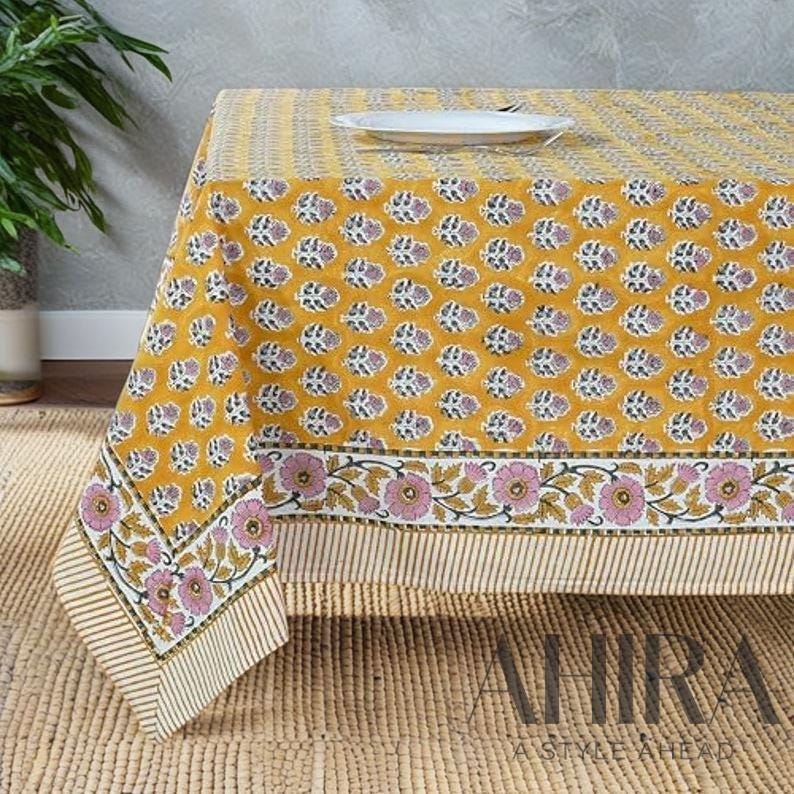 Cotton Indian Hand-Block Printed Tablecloth for Wedding Farmhouse Buffet Housewarming Picnic Boho Home Decor Floral- Poppy Yellow