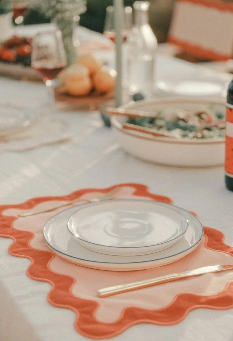Embroidered Scallop Border Placemats, double scalloped mats and Linen wave scallop cloth cocktail Father's Placemats day gift Set of 2