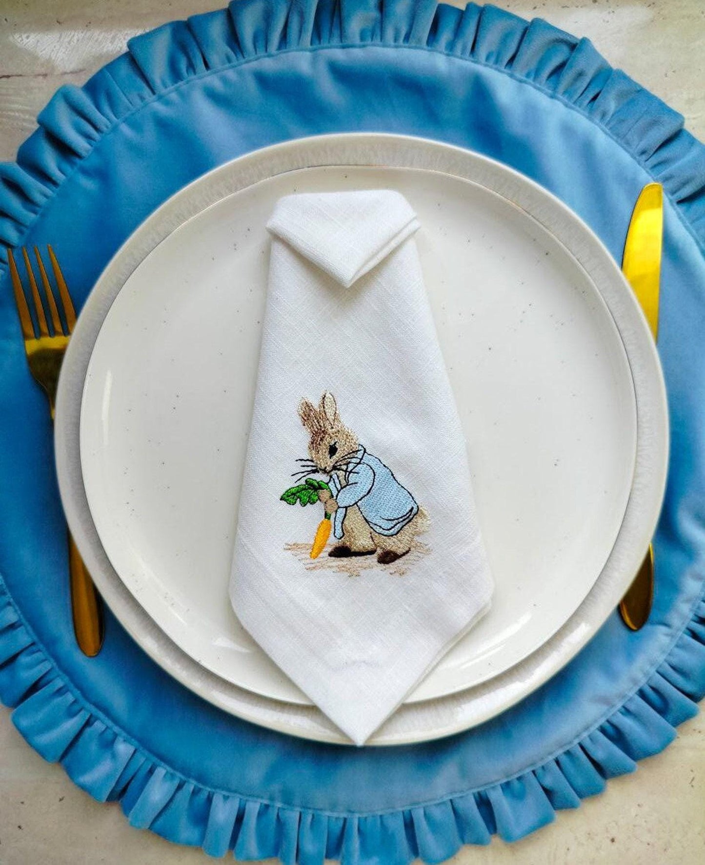 Easter Bunny Embroidered Linen Napkins, Set of 6, Cloth Napkins for Table Decor, Holiday Tableware, Easter Brunch Essentials, Hostess gift