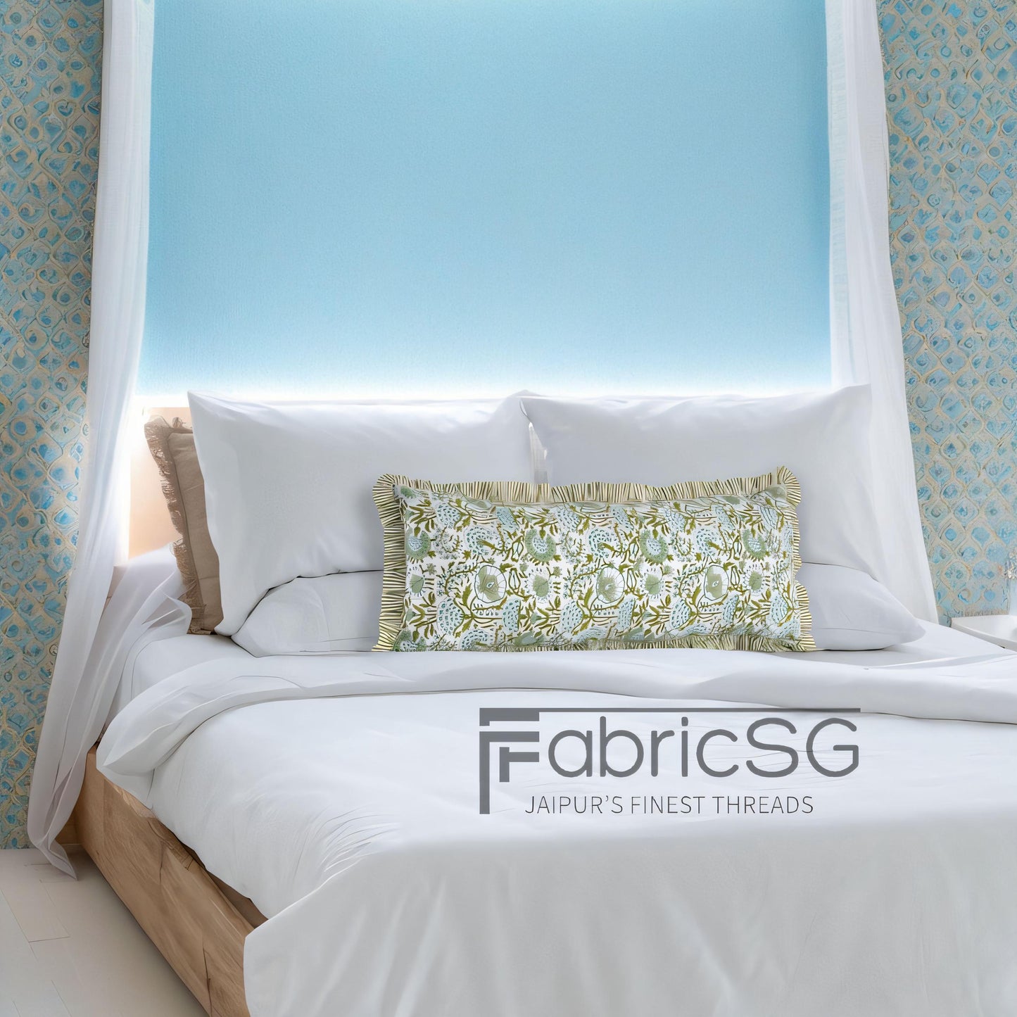 Cotton Block Print Ruffle Bed Pillow Sham Covers for Bed Decor, Couch Pillows, Grandmillennial Preppy Boho Floral Sham- Agate Green