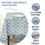 Light Blue Indian Hand-Block Printed Cotton Tablecloth with Floral Design and Scalloped Piping for Weddings, Home Decor, and Parties