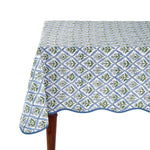 Light Blue Indian Hand-Block Printed Cotton Tablecloth with Floral Design and Scalloped Piping for Weddings, Home Decor, and Parties