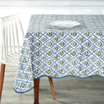 Light Blue Indian Hand-Block Printed Cotton Tablecloth with Floral Design and Scalloped Piping for Weddings, Home Decor, and Parties