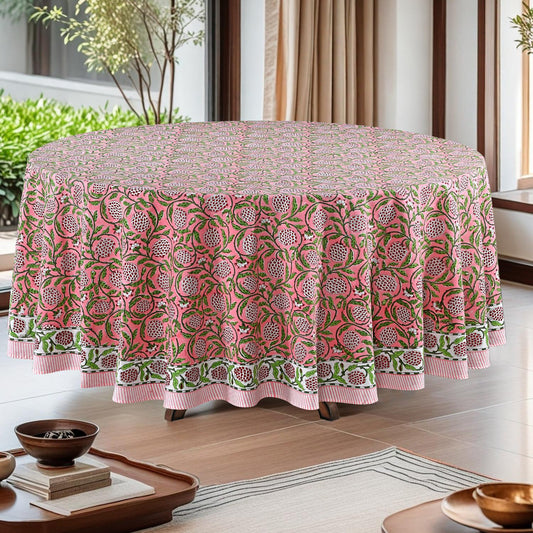 Round Tablecloth, Strawberry Pink Indian Hand Block Floral Printed Table Cover, Vintage French Tablecloth, Botanical Prints, Home and Living