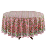 Round Tablecloth, Strawberry Pink Indian Hand Block Floral Printed Table Cover, Vintage French Tablecloth, Botanical Prints, Home and Living