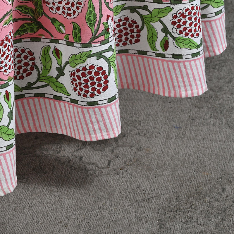 Round Tablecloth, Strawberry Pink Indian Hand Block Floral Printed Table Cover, Vintage French Tablecloth, Botanical Prints, Home and Living
