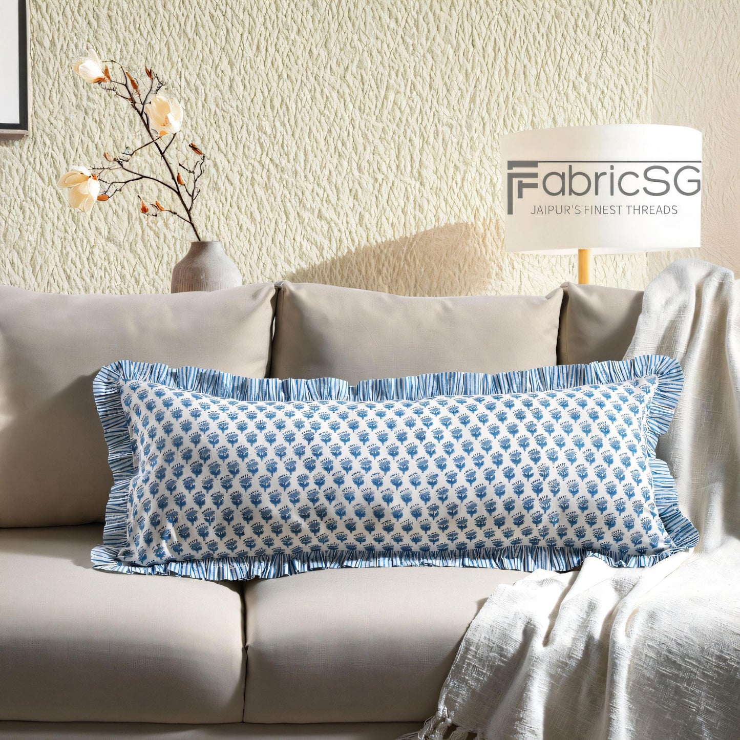 Cotton Block Print Ruffle Bed Pillow Sham Covers for Bed Decor, Couch Pillows, Grandmillennial Preppy Boho Floral Sham- Apatite Blue