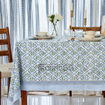 Verbena Steel Blue Indian Block Printed Cotton Tablecloth – Floral Dining Table Decor, Thanksgiving & Festive Table Cover