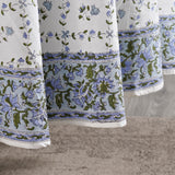 Round Tablecloth, Powder and Pigeon Blue, Green Indian Hand Block Floral Printed Table Cover, Vintage, French Tablecloth, Home and Living