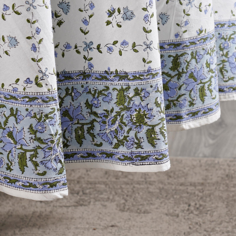Round Tablecloth, Powder and Pigeon Blue, Green Indian Hand Block Floral Printed Table Cover, Vintage, French Tablecloth, Home and Living